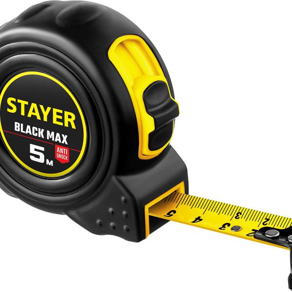 Рулетка STAYER BlackMax 5м / 19мм в ударостойком обрезиненном корпусе и двумя фиксаторами 3410-05